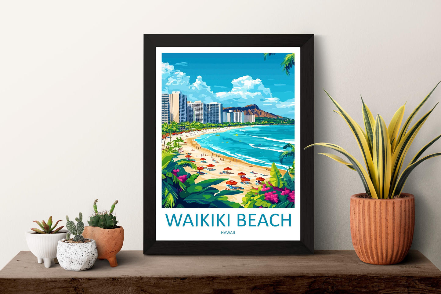 Waikiki Beach Cartoon Travel Poster Hawaii Wall Art Tropical Print Island Illustration Coastal Decor Waikiki Souvenir Gift