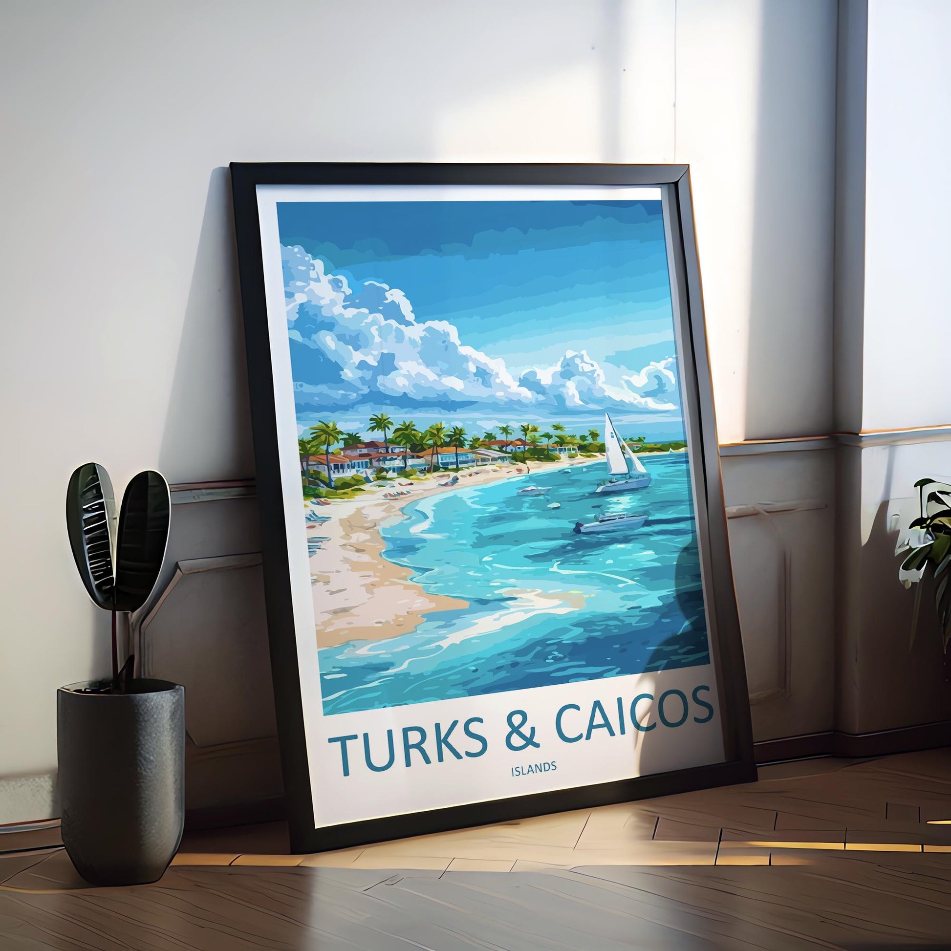 Turks and Caicos Cartoon Travel Poster Caribbean Wall Art Island Print Tropical Illustration Beach Decor TCI Souvenir Gift