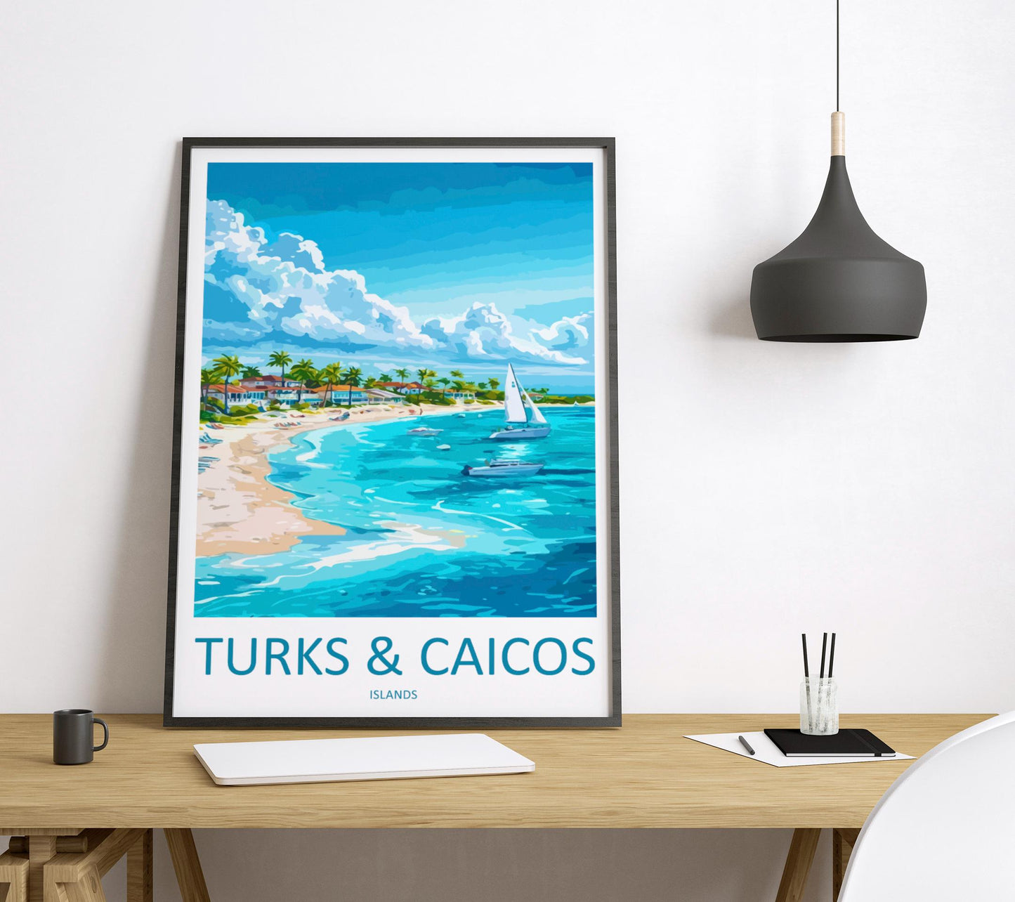 Turks and Caicos Cartoon Travel Poster Caribbean Wall Art Island Print Tropical Illustration Beach Decor TCI Souvenir Gift