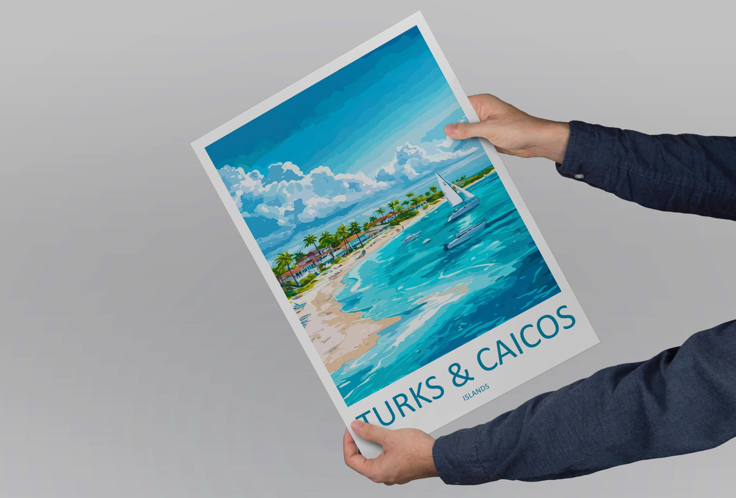 Turks and Caicos Cartoon Travel Poster Caribbean Wall Art Island Print Tropical Illustration Beach Decor TCI Souvenir Gift
