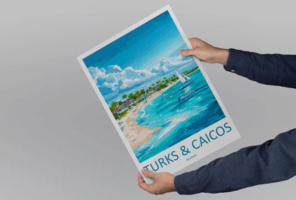 Turks and Caicos Cartoon Travel Poster Caribbean Wall Art Island Print Tropical Illustration Beach Decor TCI Souvenir Gift