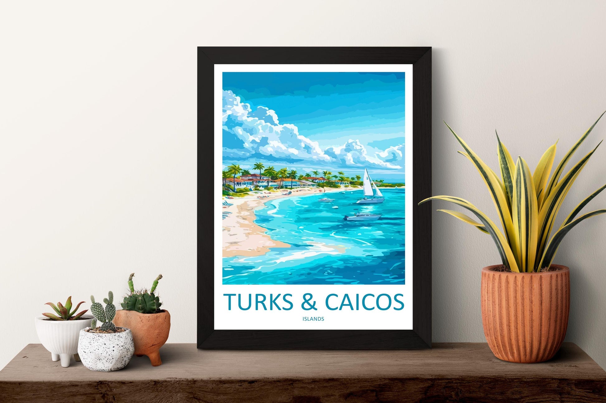 Turks and Caicos Cartoon Travel Poster Caribbean Wall Art Island Print Tropical Illustration Beach Decor TCI Souvenir Gift