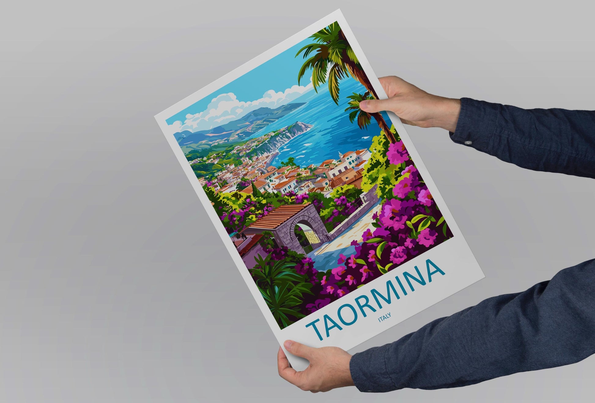 Taormina Cartoon Travel Poster Sicily Wall Art Italy Print Coastal Illustration Mediterranean Decor Taormina Souvenir Gift