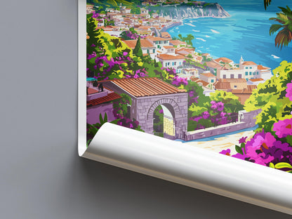 Taormina Cartoon Travel Poster Sicily Wall Art Italy Print Coastal Illustration Mediterranean Decor Taormina Souvenir Gift