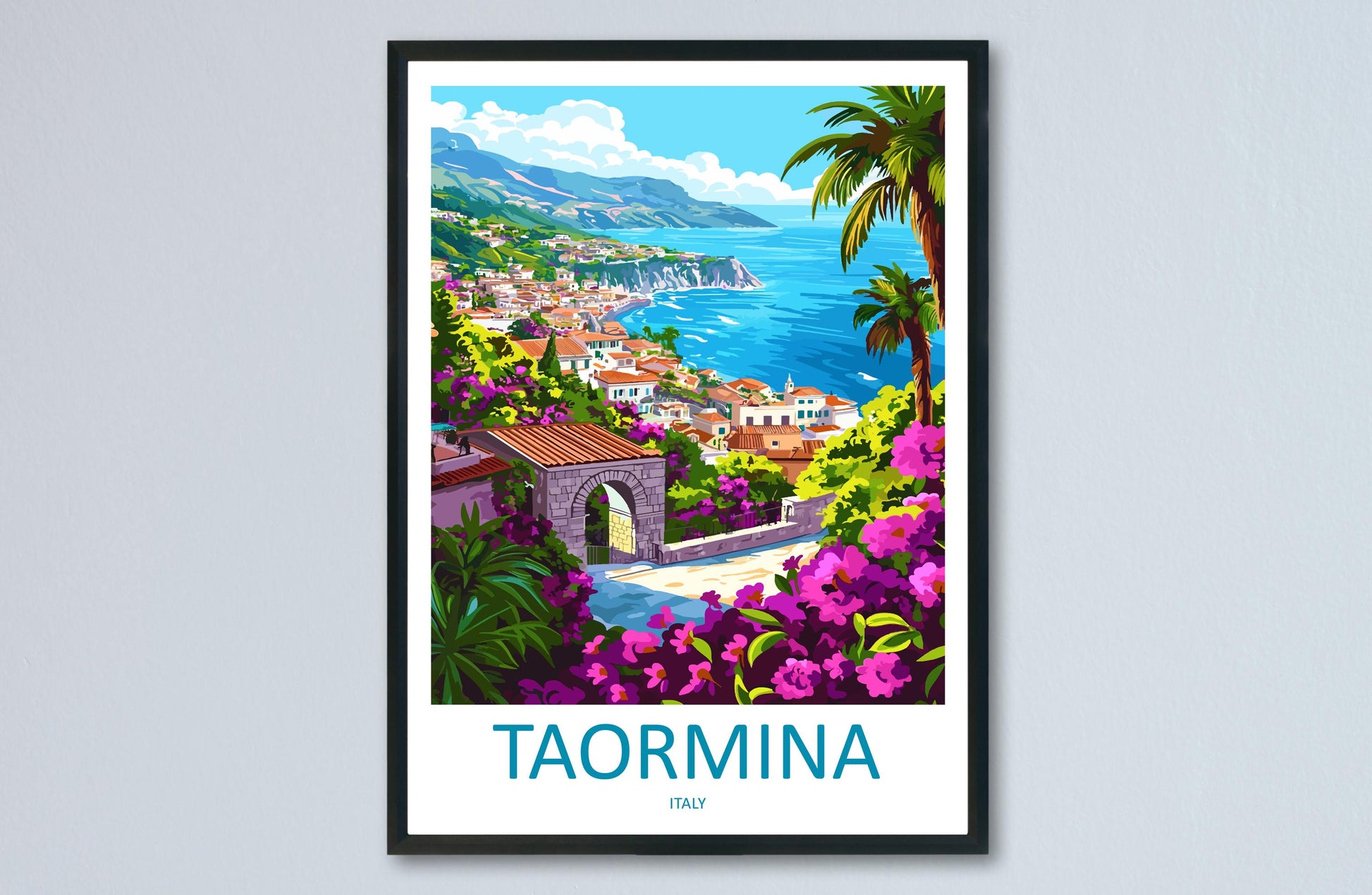 Taormina Cartoon Travel Poster Sicily Wall Art Italy Print Coastal Illustration Mediterranean Decor Taormina Souvenir Gift