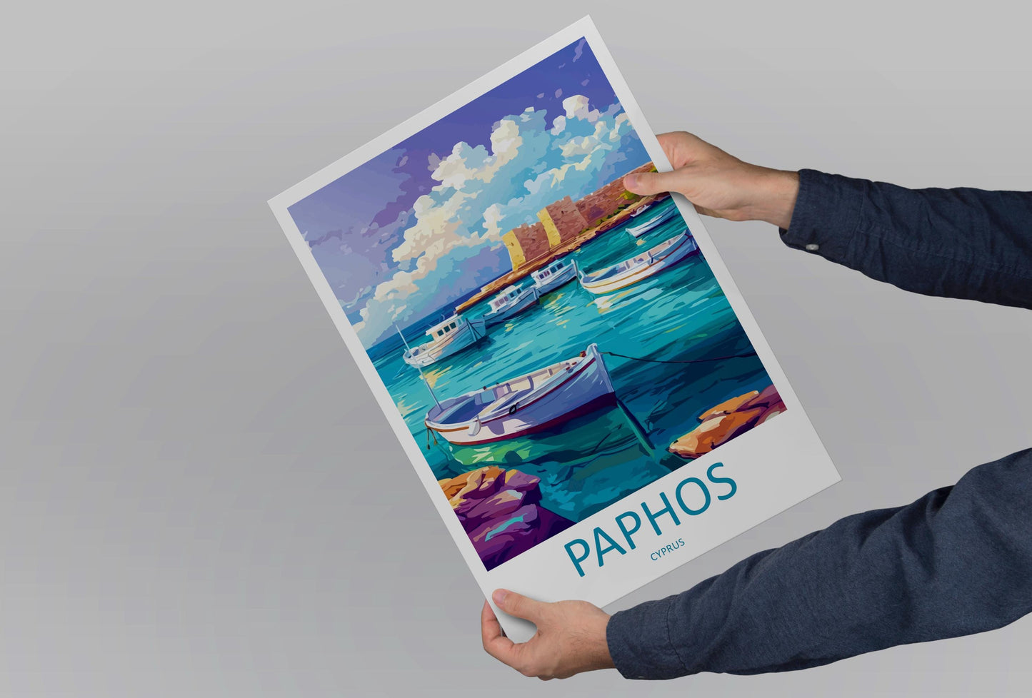 Paphos Cartoon Travel Poster Cyprus Wall Art Coastal Print Mediterranean Illustration Historic Decor Paphos Souvenir Gift
