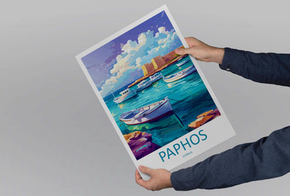 Paphos Cartoon Travel Poster Cyprus Wall Art Coastal Print Mediterranean Illustration Historic Decor Paphos Souvenir Gift
