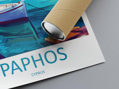 Paphos Cartoon Travel Poster Cyprus Wall Art Coastal Print Mediterranean Illustration Historic Decor Paphos Souvenir Gift