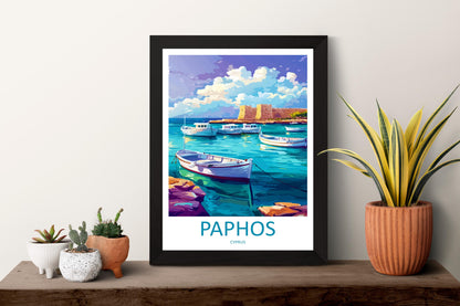 Paphos Cartoon Travel Poster Cyprus Wall Art Coastal Print Mediterranean Illustration Historic Decor Paphos Souvenir Gift