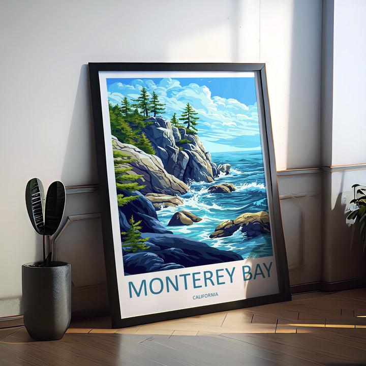 Monterey Bay Cartoon Travel Poster California Wall Art Coastal Print Ocean Illustration Nature Decor Monterey Souvenir Gift