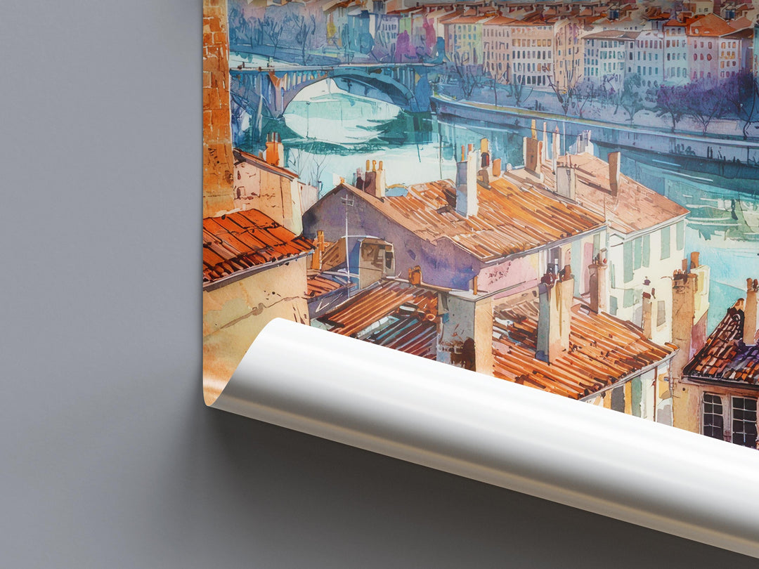 Lyon Watercolor Poster Lyon Travel Print France Wall Art Lyon Decor Historic City Scene Rhône River View French Architecture Landscape