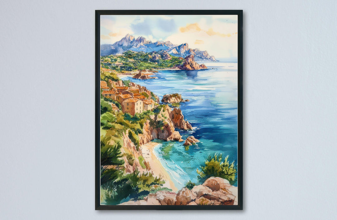 Corsica Watercolor Poster Corsica Travel Print France Wall Art Corsica Island Decor Coastal Scene Mountain Landscape Mediterranean View