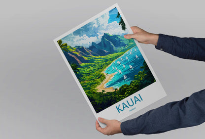 Kauai Cartoon Travel Poster Hawaii Wall Art Island Print Tropical Illustration Coastal Decor Kauai Souvenir Gift