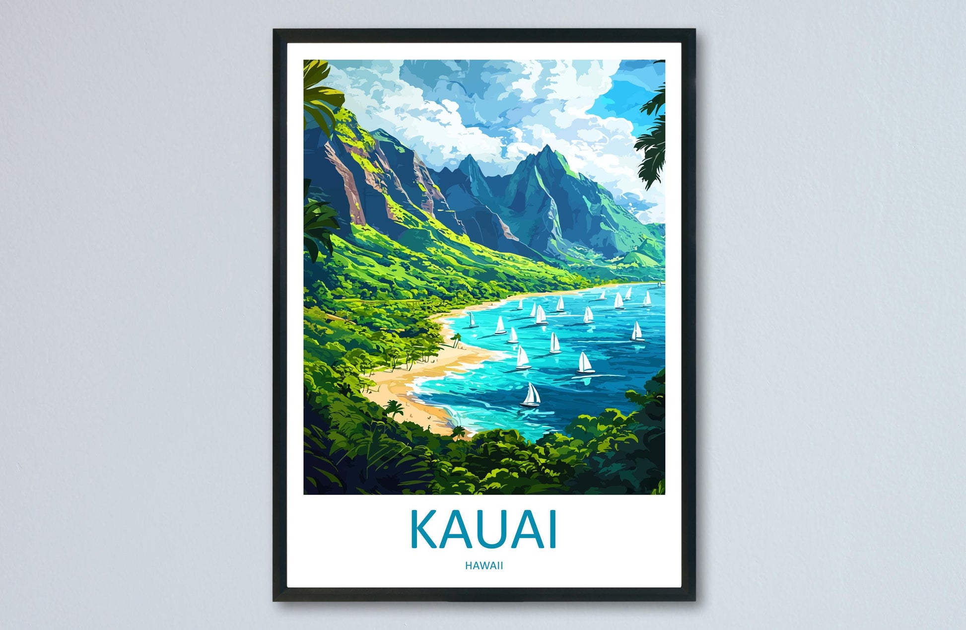 Kauai Cartoon Travel Poster Hawaii Wall Art Island Print Tropical Illustration Coastal Decor Kauai Souvenir Gift