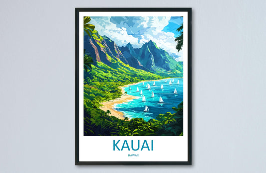 Kauai Cartoon Travel Poster Hawaii Wall Art Island Print Tropical Illustration Coastal Decor Kauai Souvenir Gift