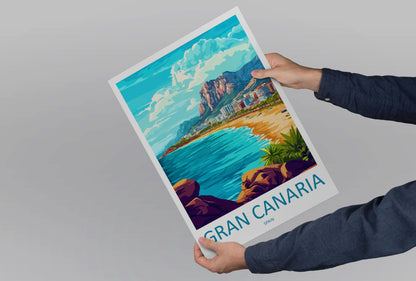 Gran Canaria Cartoon Travel Poster Spain Wall Art Island Landscape Print Coastal Decor Canary Islands Nature Scene Souvenir Gift