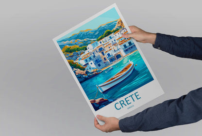 Crete Cartoon Travel Poster Greece Wall Art Island Landscape Print Coastal Decor Ancient Ruins Illustration Crete Nature Gift Souvenir