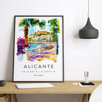 Alicante Watercolor Poster Alicante Travel Print Spain Wall Art Alicante Decor Coastal City Scene Castle Beach Spanish View Landscape