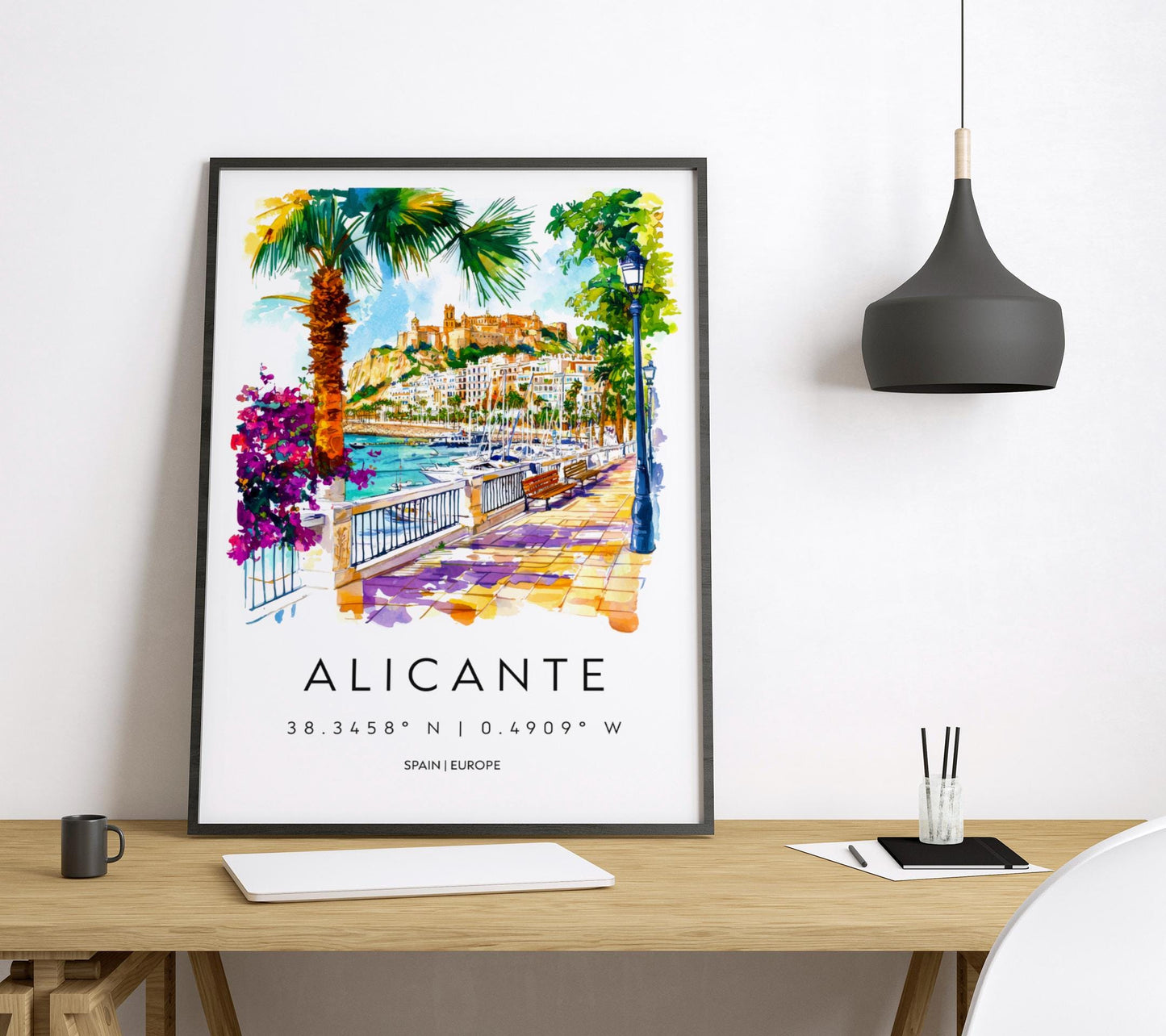 Alicante Watercolor Poster Alicante Travel Print Spain Wall Art Alicante Decor Coastal City Scene Castle Beach Spanish View Landscape