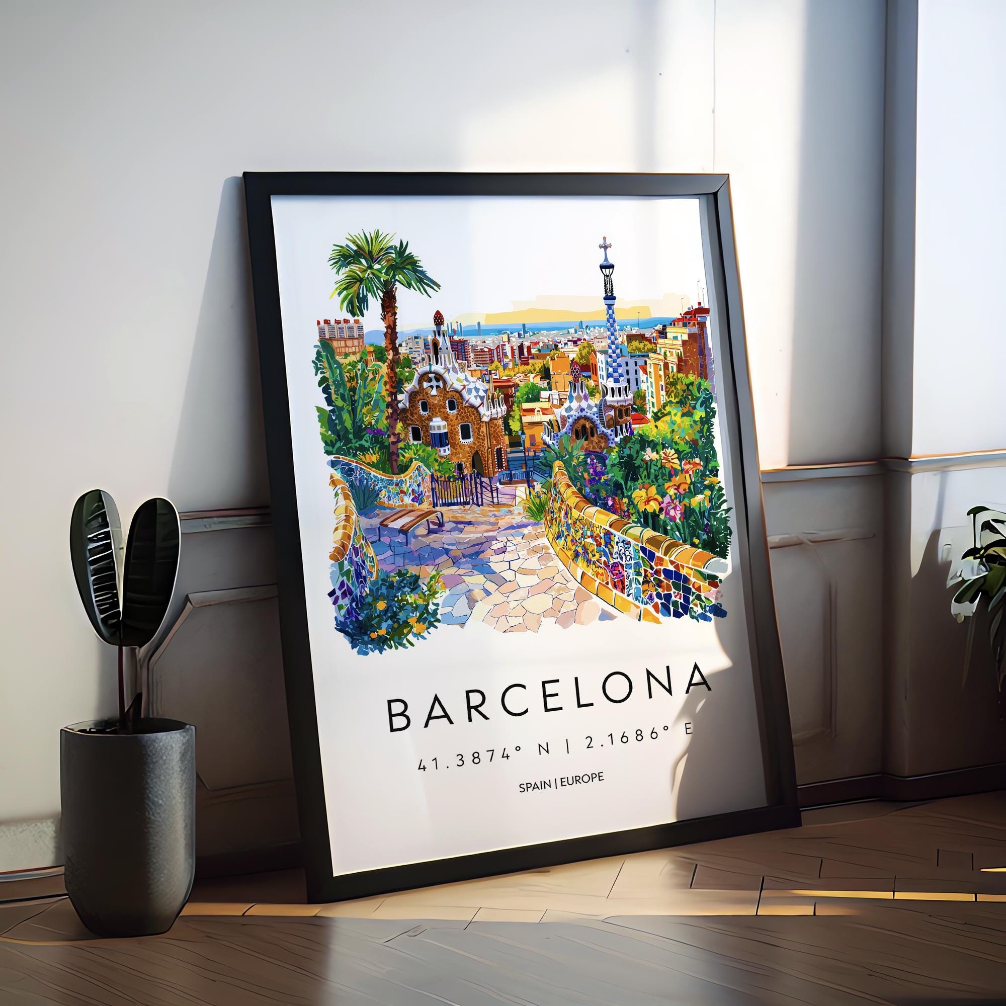 Barcelona Watercolor Poster Barcelona Travel Print Spain Wall Art Barcelona Decor Gaudi Architecture City View Mediterranean Scene Print