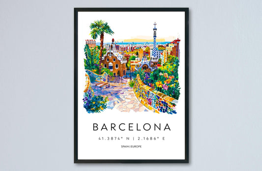 Barcelona Watercolor Poster Barcelona Travel Print Spain Wall Art Barcelona Decor Gaudi Architecture City View Mediterranean Scene Print