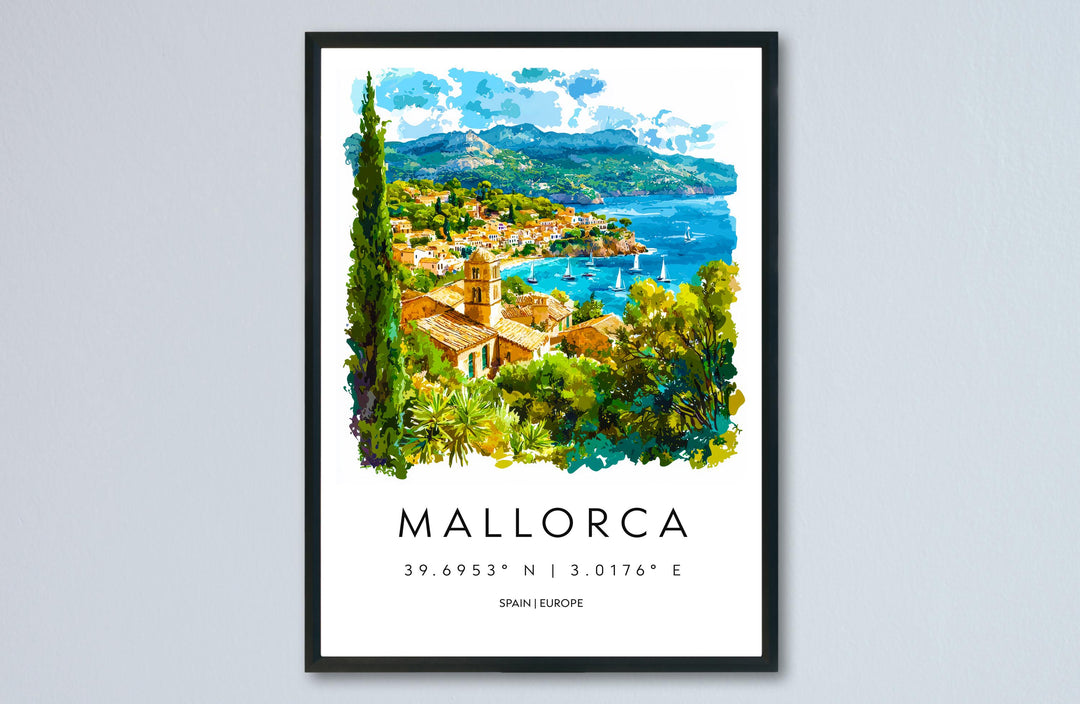 Mallorca Watercolor Poster Mallorca Travel Print Spain Wall Art Mallorca Decor Island Beach Scene Coastal View Mediterranean Landscape