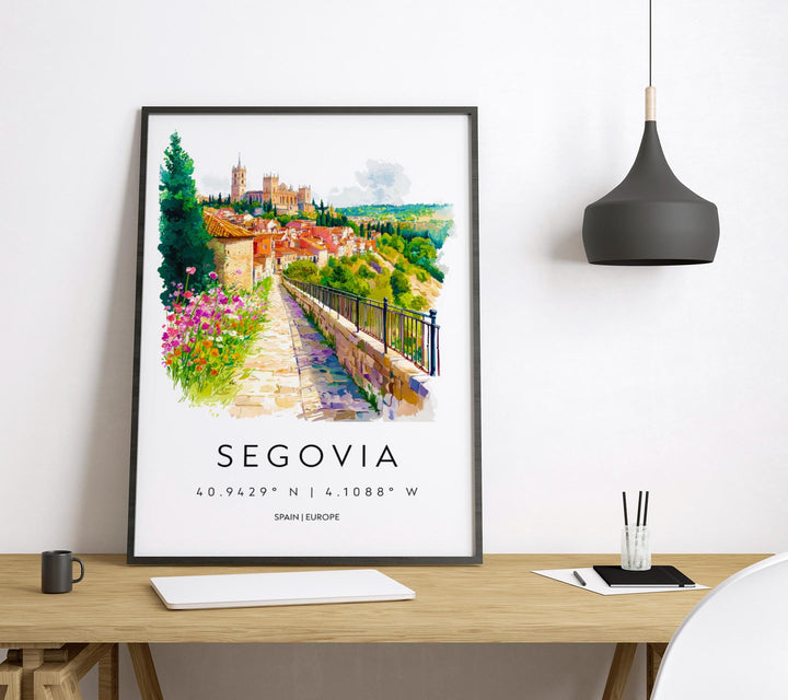 Segovia Watercolor Poster Segovia Travel Print Spain Wall Art Segovia Decor Aqueduct Scene Historic City View Castle Landscape Print