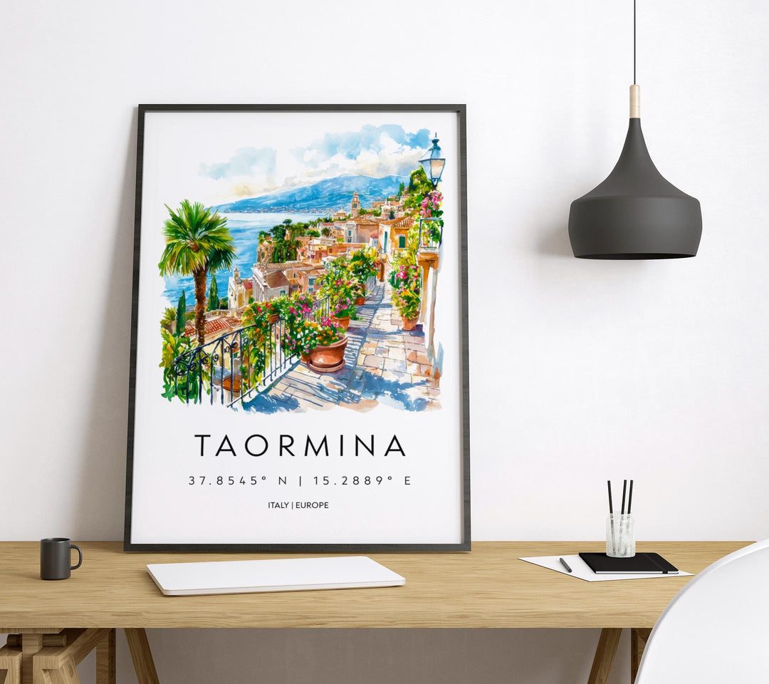 Taormina Watercolor Poster Taormina Sicily Travel Print Wall Art Taormina Decor Italian Town Fine Art Print Taormina Souvenir Gift