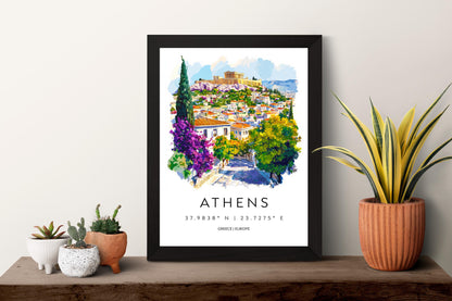 Athens Watercolor Poster Athens Greece Travel Print Wall Art Athens Home Decor Athens Gift Art Lovers Greece Art Athens Acropolis