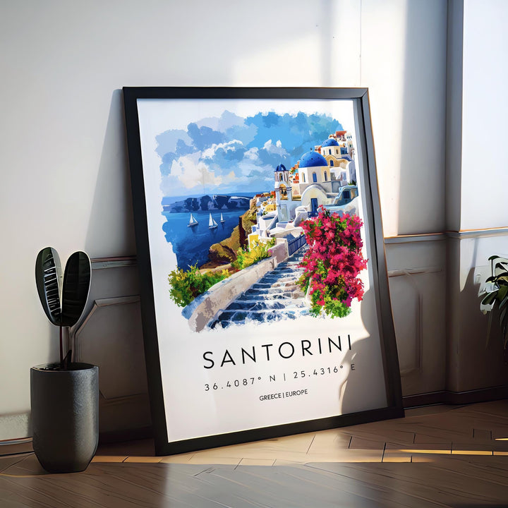 Santorini Watercolor Poster Santorini Greece Travel Print Wall Art Santorini Home Decor Santorini Gift Art Lovers Greece Art Santorini