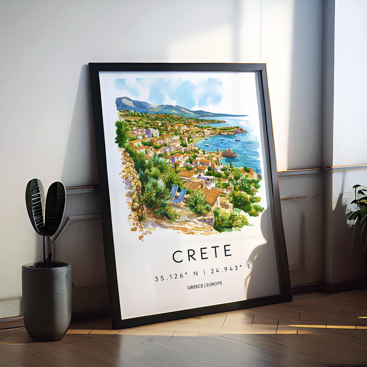 Crete Watercolor Poster Crete Greece Travel Print Wall Art Crete Home Decor Crete Gift Art Lovers Greece Art Crete Island View
