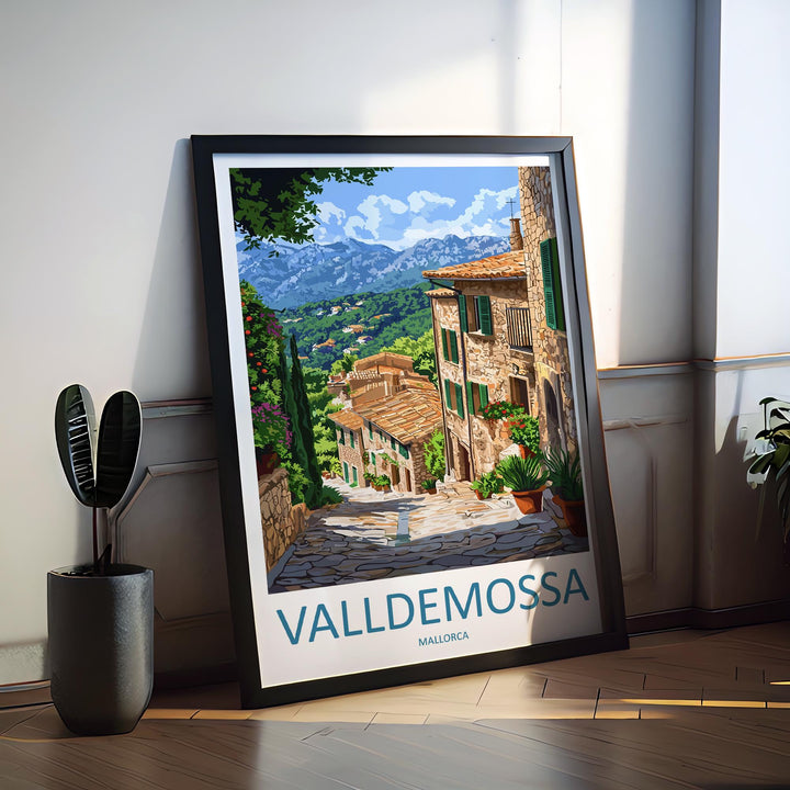 Valldemossa Travel Poster Mallorca Wall Art Village View Print Mountain Scene Illustration Mediterranean Decor Gift Souvenir