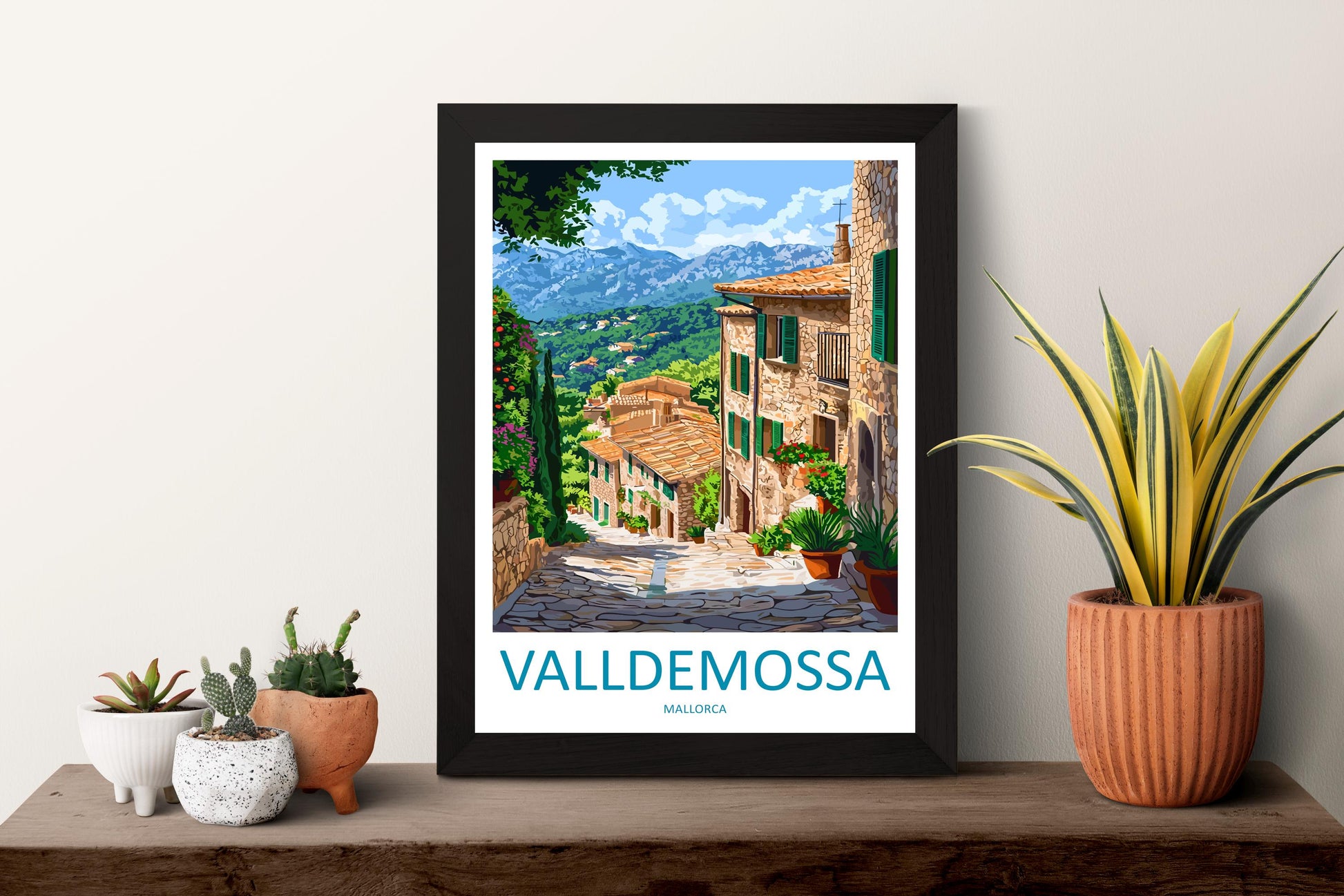 Valldemossa Travel Poster Mallorca Wall Art Village View Print Mountain Scene Illustration Mediterranean Decor Gift Souvenir