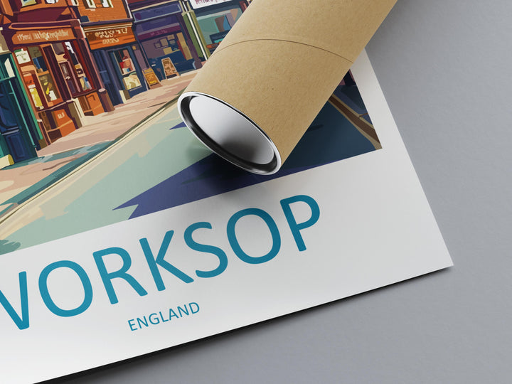Worksop Travel Poster England Wall Art Market Town Print Historic Street Illustration Sherwood Forest Decor Worksop Gift Souvenir