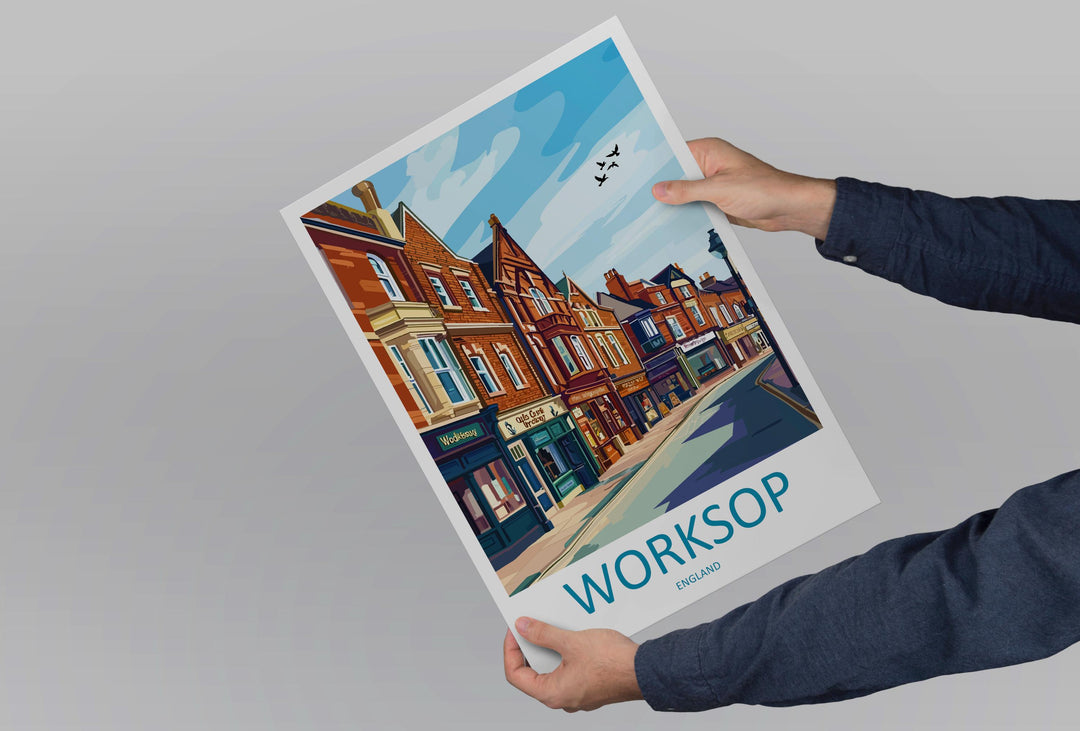 Worksop Travel Poster England Wall Art Market Town Print Historic Street Illustration Sherwood Forest Decor Worksop Gift Souvenir