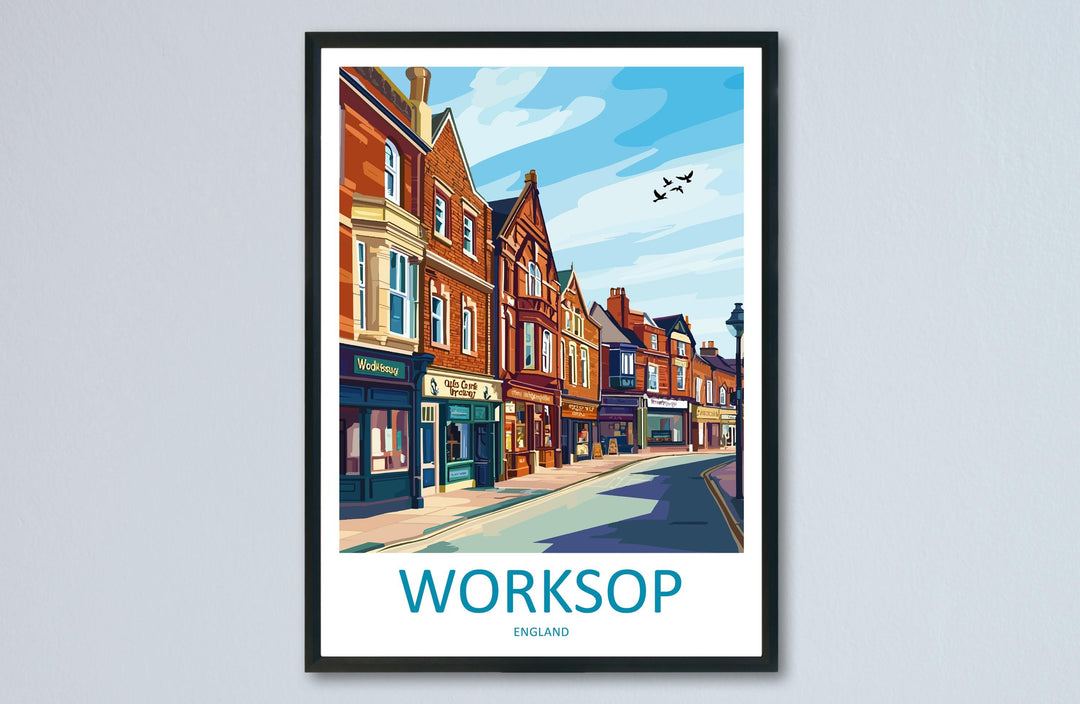 Worksop Travel Poster England Wall Art Market Town Print Historic Street Illustration Sherwood Forest Decor Worksop Gift Souvenir