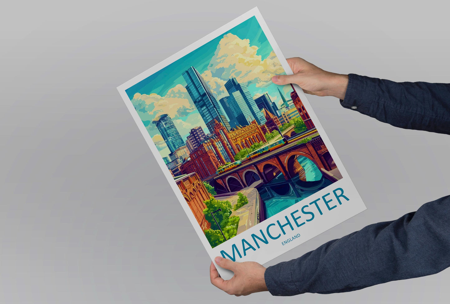 Manchester Travel Poster England Wall Art Cityscape Print Urban Illustration Industrial Decor Northern City Gift Manchester Souvenir
