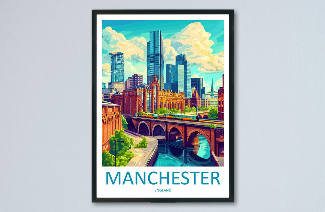 Manchester Travel Poster England Wall Art Cityscape Print Urban Illustration Industrial Decor Northern City Gift Manchester Souvenir