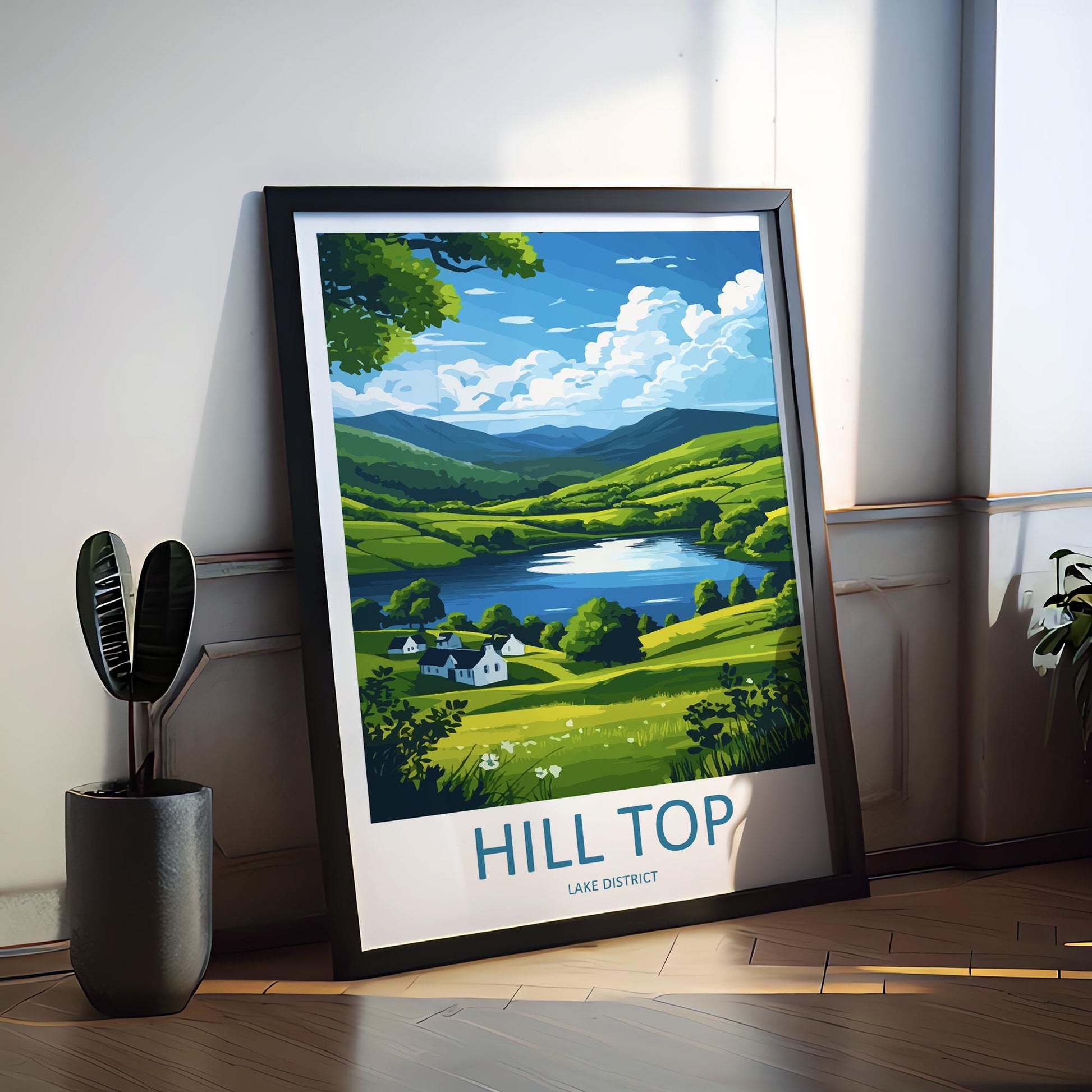 Hill Top Travel Poster England Wall Art Countryside Cottage Print Lake District Illustration Rustic Decor Hill Top Gift Souvenir
