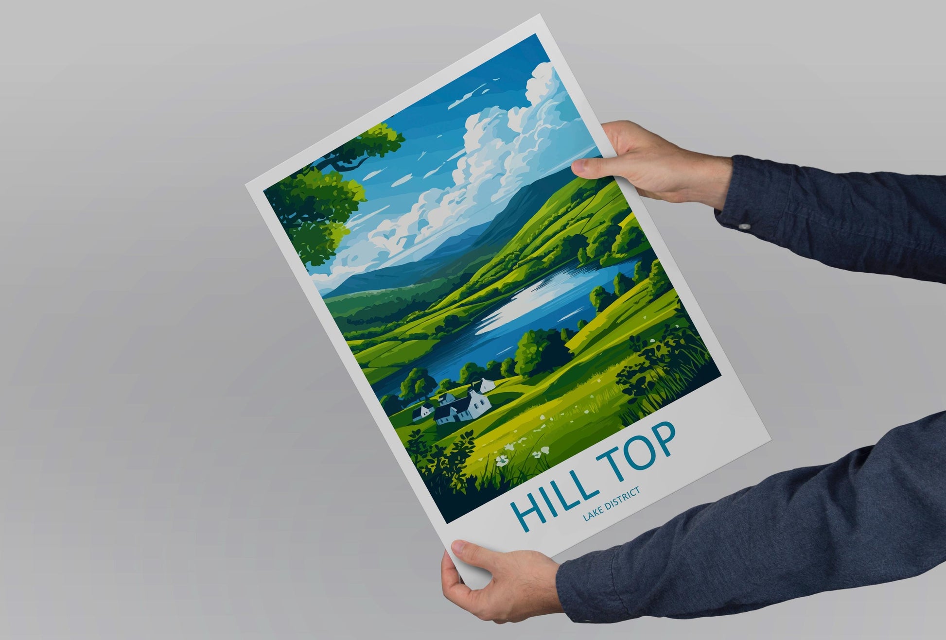 Hill Top Travel Poster England Wall Art Countryside Cottage Print Lake District Illustration Rustic Decor Hill Top Gift Souvenir