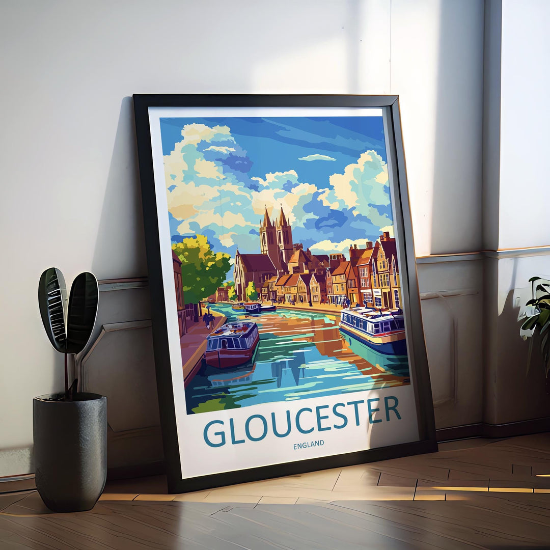 Gloucester Travel Poster England Wall Art Historic City Print Cathedral View Illustration Riverside Decor Gloucester Gift Souvenir