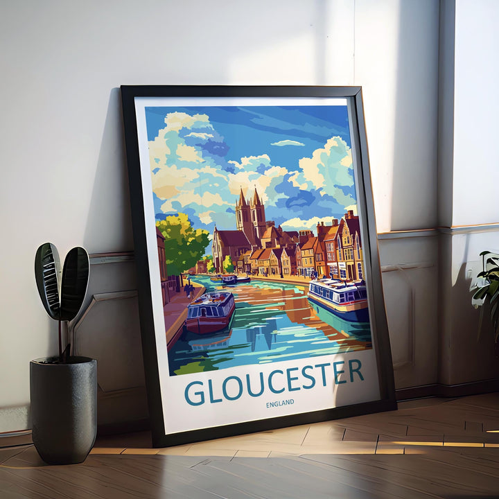Gloucester Travel Poster England Wall Art Historic City Print Cathedral View Illustration Riverside Decor Gloucester Gift Souvenir