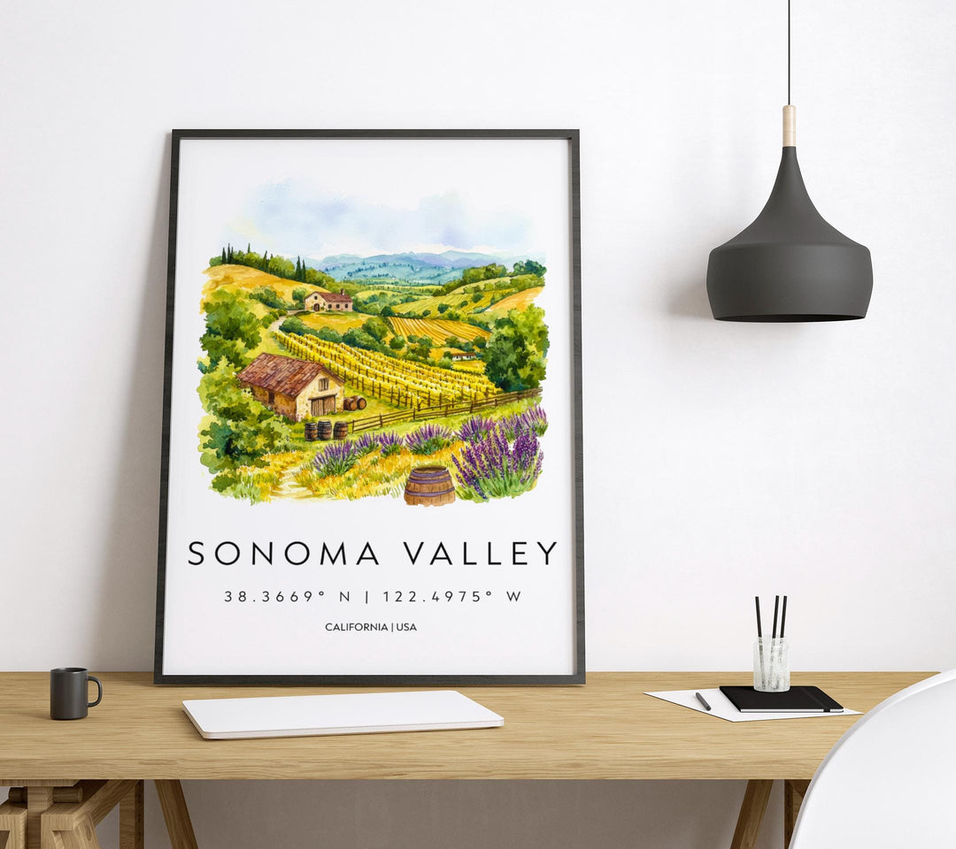 Sonoma Valley Watercolor Poster Sonoma Travel Print California Wall Art Vineyard Painting Wine Country Souvenir Decor