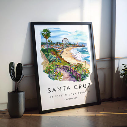 Santa Cruz Watercolor Poster Santa Cruz Travel Print California Wall Art Beach Painting Santa Cruz Souvenir Decor