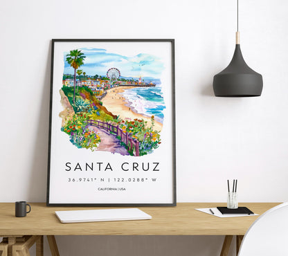 Santa Cruz Watercolor Poster Santa Cruz Travel Print California Wall Art Beach Painting Santa Cruz Souvenir Decor