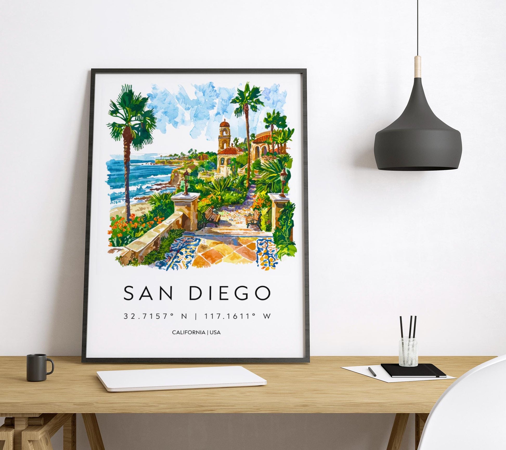 San Diego Watercolor Poster San Diego Travel Print California Wall Art Beach City Painting San Diego Souvenir Decor