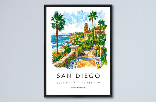 San Diego Watercolor Poster San Diego Travel Print California Wall Art Beach City Painting San Diego Souvenir Decor