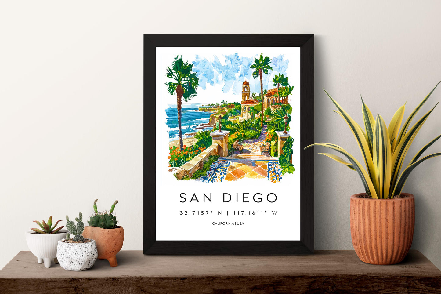 San Diego Watercolor Poster San Diego Travel Print California Wall Art Beach City Painting San Diego Souvenir Decor