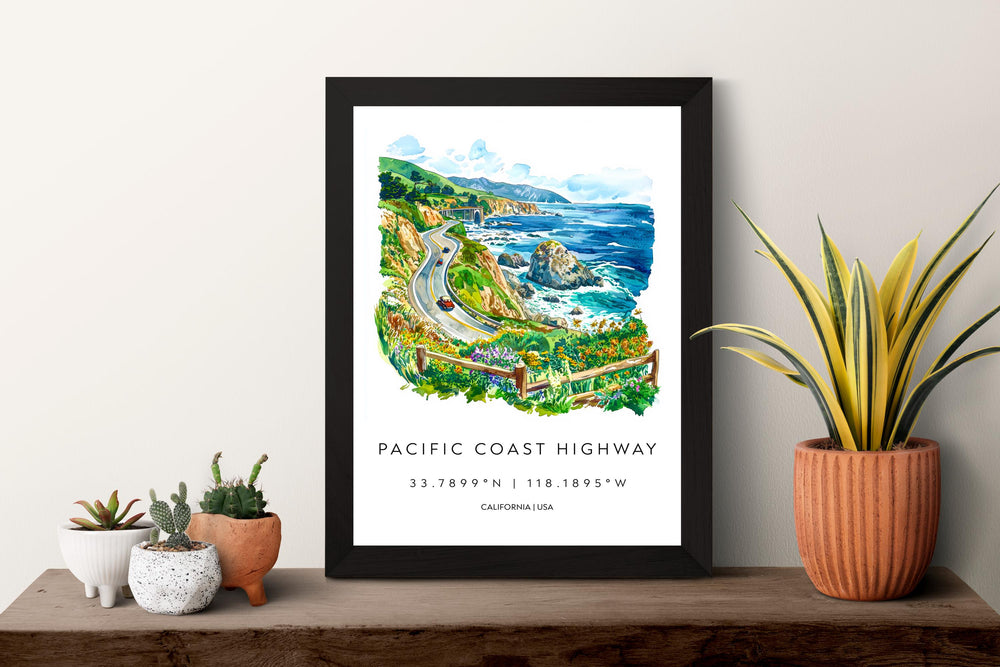 Pacific Coast Highway Watercolor Poster PCH Travel Print California Coast Art Scenic Drive Painting Coastal Decor