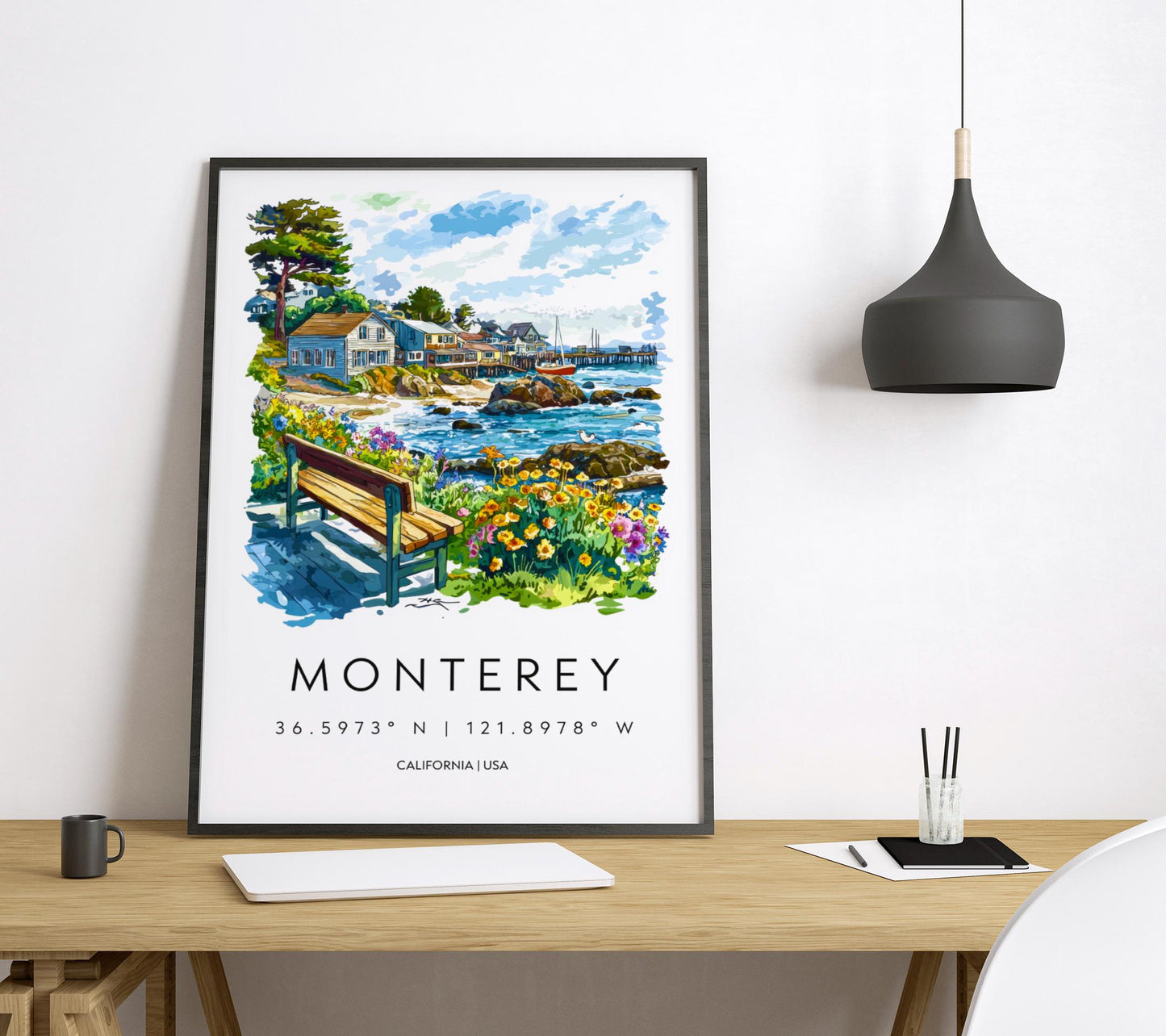 Monterey Watercolor Poster Monterey Travel Print California Coast Art Ocean Painting Monterey Bay Souvenir Decor